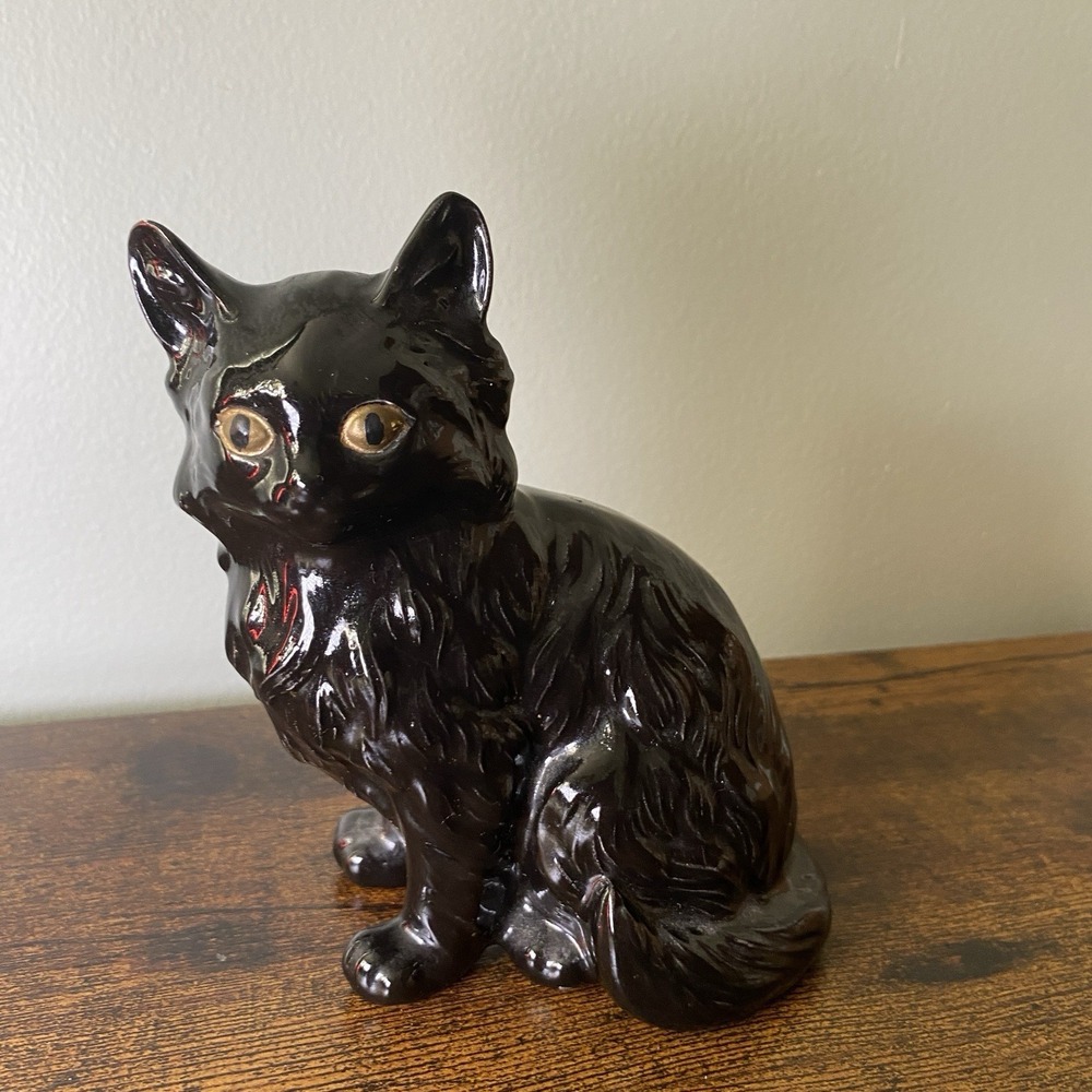 Vintage Black Persian Ceramic Cat Figurine‎ Long Hair 5"